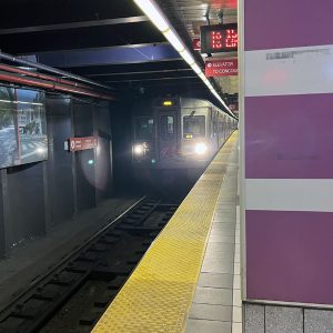 The PATCO train which runs from Philadelphia to South Jersey arrives at the underground station.