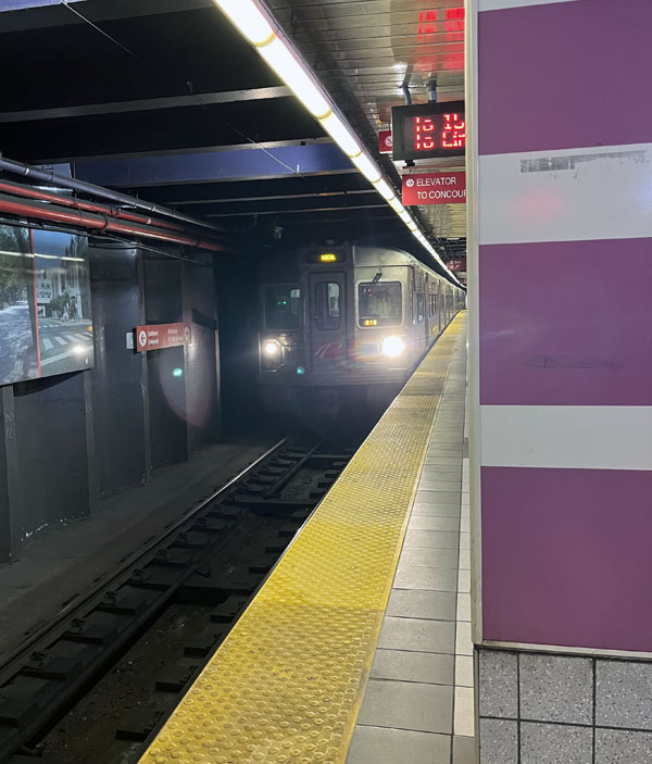 The PATCO train which runs from Philadelphia to South Jersey arrives at the underground station.
