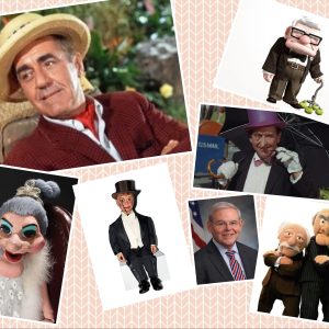 a photo collage of the Penguin, Madame the Puppet, Statler and Waldorf, Senator Bob Menendez, Charlie McCarthy, and Thurston Howell III