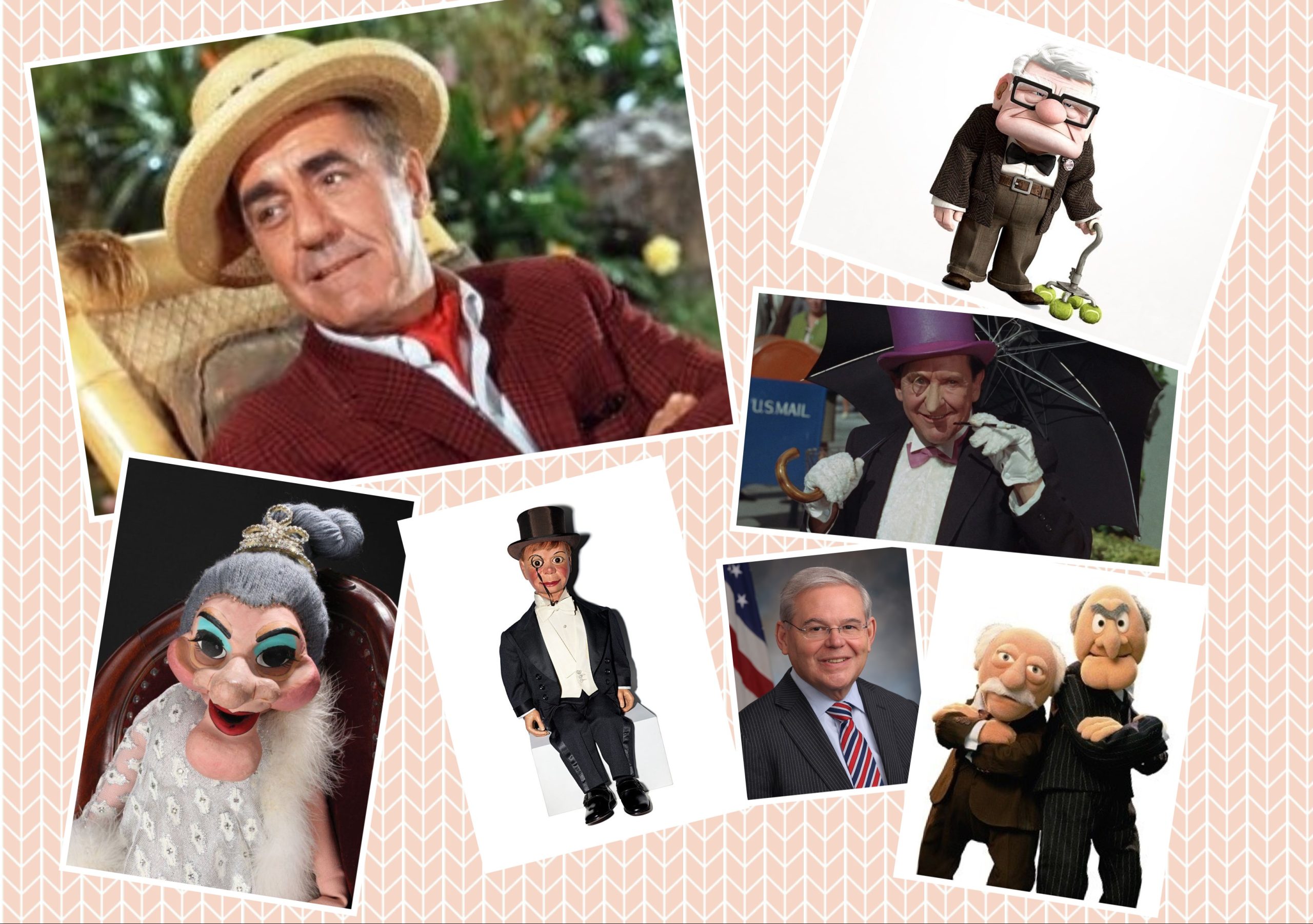 a photo collage of the Penguin, Madame the Puppet, Statler and Waldorf, Senator Bob Menendez, Charlie McCarthy, and Thurston Howell III