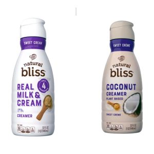 at left: Natural Bliss Sweet Cream creamer with Real Milk and Cream. at left: Natural Bliss Sweet Creme creamer with Coconut. It's plant based and the two bottles are quite similar.