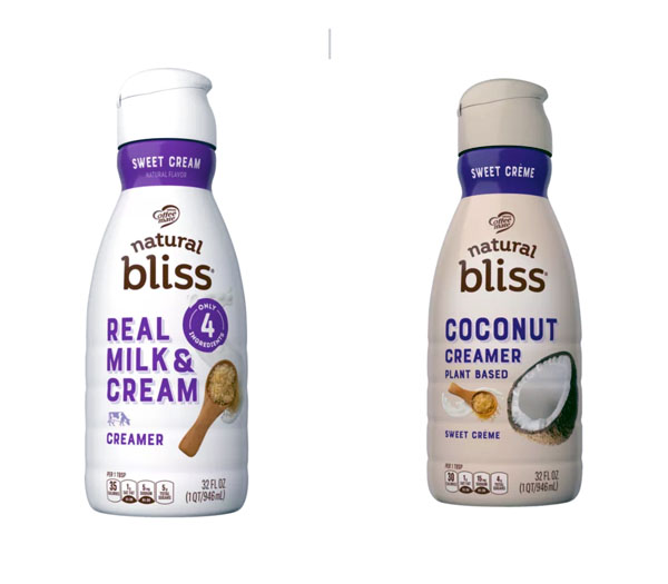 at left: Natural Bliss Sweet Cream creamer with Real Milk and Cream. at left: Natural Bliss Sweet Creme creamer with Coconut. It's plant based and the two bottles are quite similar. 