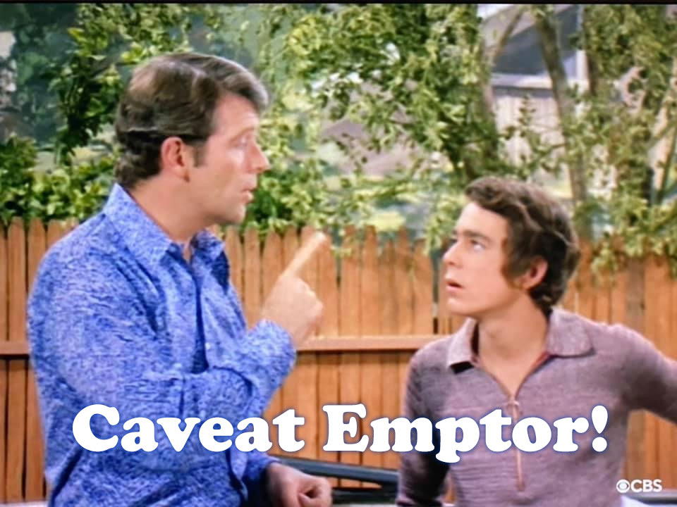 handsome Mike Brady and his goofball son Greg with Caveat Emptor superimposed on top.
