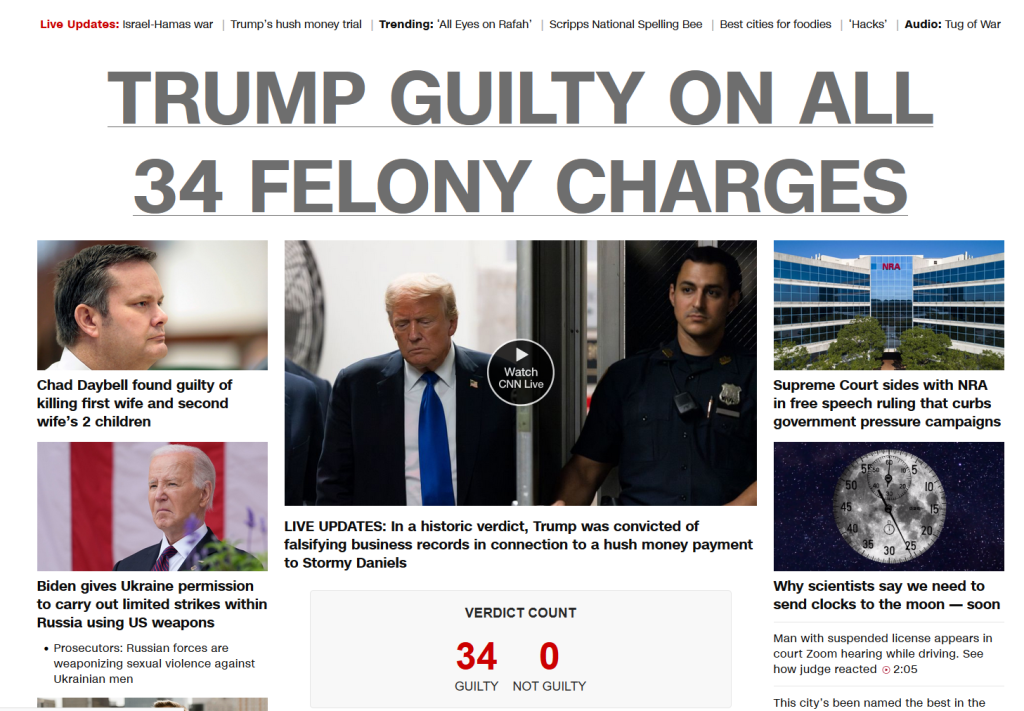 a screenshot from cnn with the headline Trump Guilty on All 34 Felony Charges