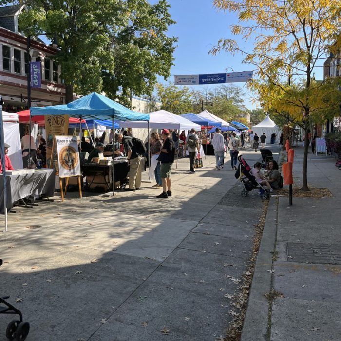 a street filled with tents and pedestrians, the banner overhead says Collingswood Book Fair. The sky is deliciously blue.