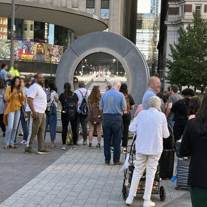 the portal in Love Park, Philadelphia. It simulcasts to Dublin, and a similar one simulcasts back, allowing both sides to wave to each other in real time