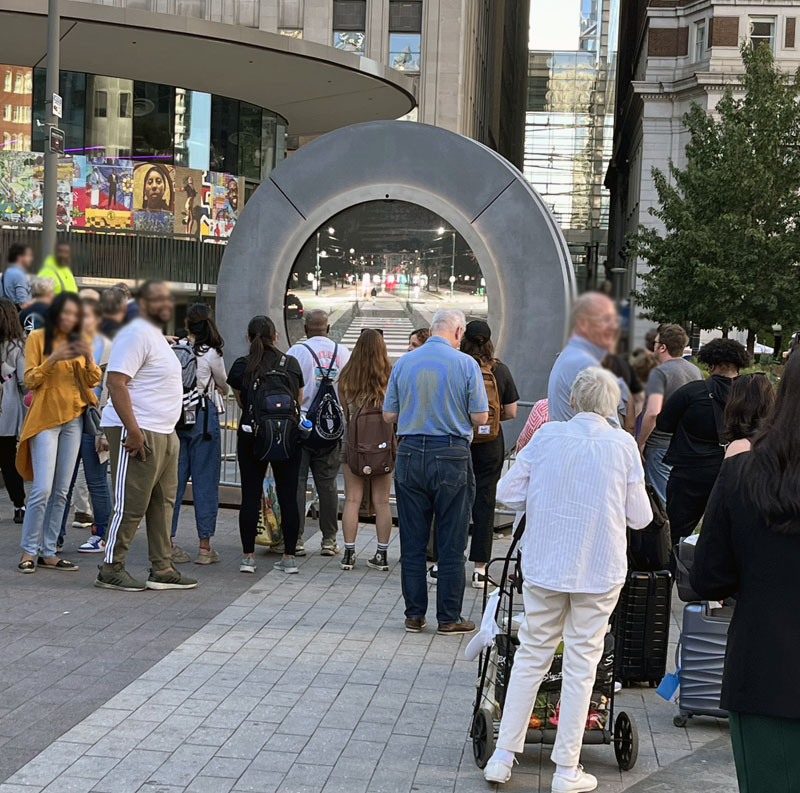 the portal in Love Park, Philadelphia. It simulcasts to Dublin, and a similar one simulcasts back, allowing both sides to wave to each other in real time