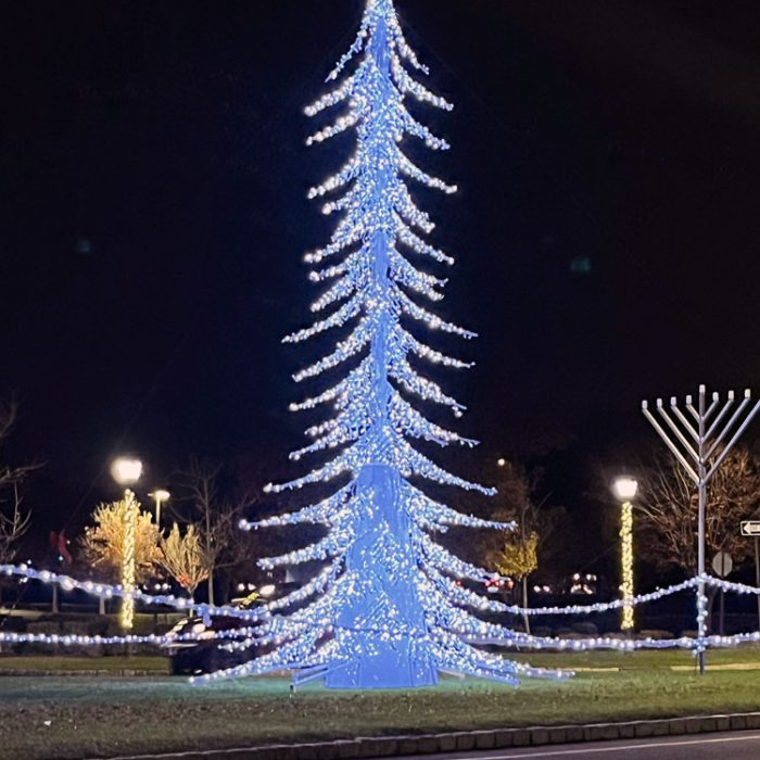 a lit christmas tree and an unlit menorah