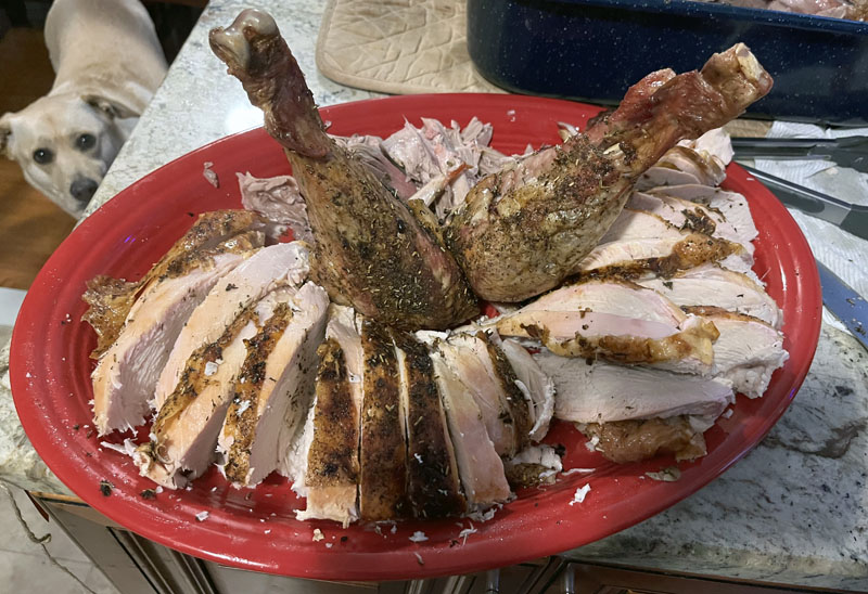 a red oval Fiestaware platter of carved turkey with two drumsticks sticking straight up. There is a yellow not-quite-lab dog at the upper left of the photo staring hopefully at the camera