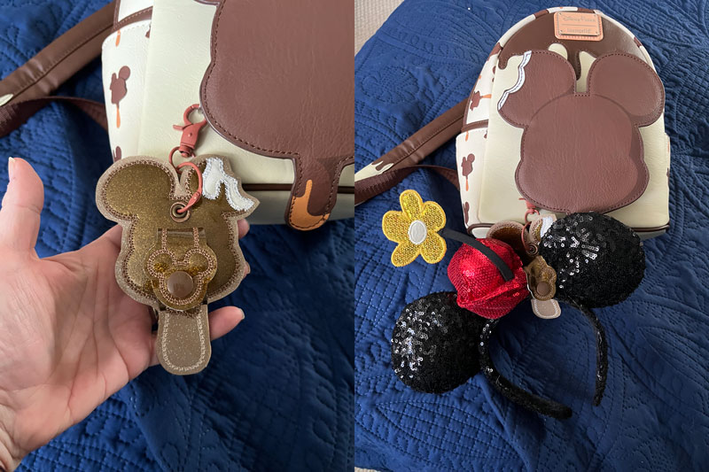 two photos: left is a picture of a mickey mouse ice cream bar keychain hooked onto the zipper of a loungefly bag; the right photo shows a pair of minnie ears securly fastened to the keychain