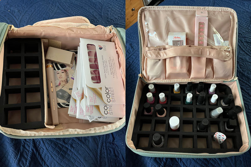 Two photos side by side: the left photo is the top section of the organizer, with color street strips and various nail tools. The right photo is the bottom section, with nail polish bottles sorted into an organizer, and various potions in a clear section of their own