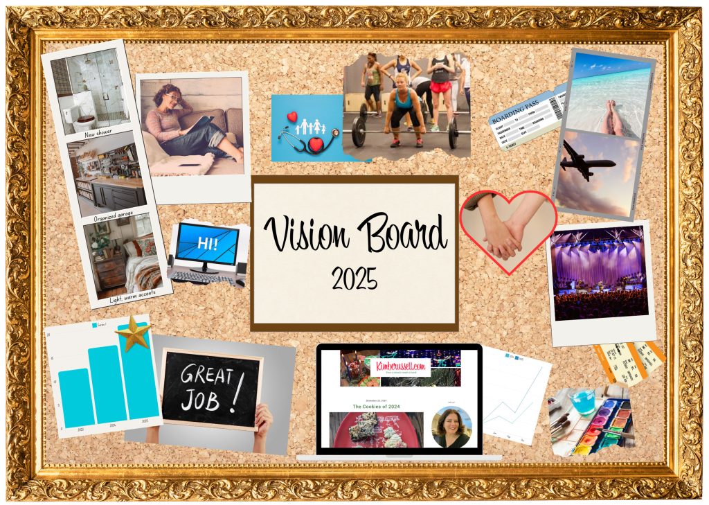 a image of a bunch of photos pinned to a corkboard, in the middle is Vision Board 2025