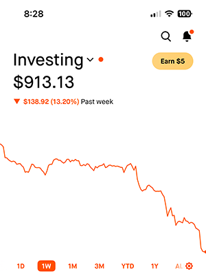 a screencap of a stock portfolio's performance over the last week. The line drops like a bird that died while flying