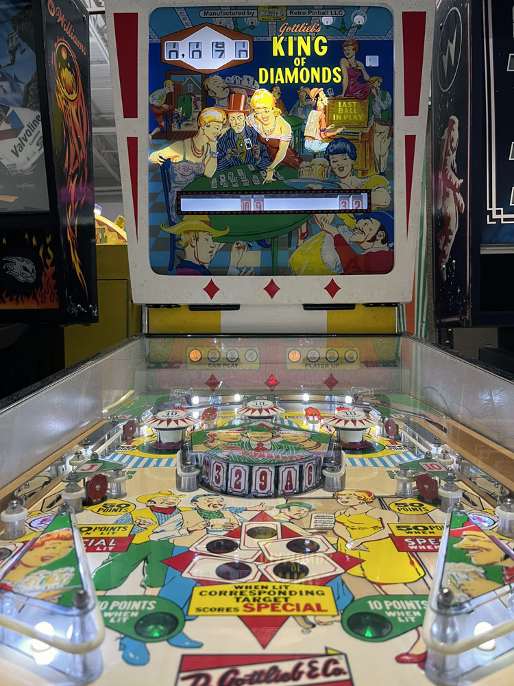 an old pinball machine - Gottleib's King of Diamonds. The theme can be described as a poker game in an old west saloon. There are a lot of mechanical components in place of the digital ones we see today, especially the bumpers, the score, and the wheels.