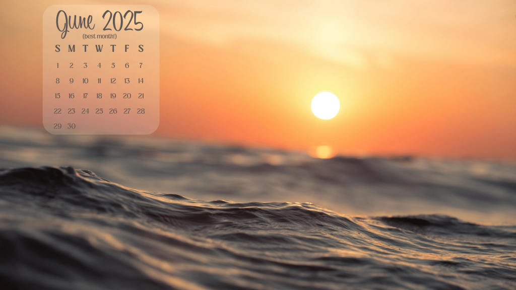 a photo of a body of water at sunset, it has a june 2025 calendar at the top left