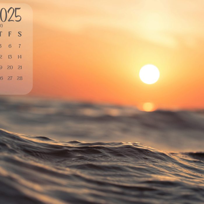 a photo of a body of water at sunset, it has a june 2025 calendar at the top left