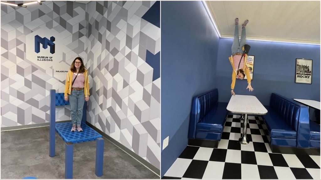 a 2-pic collage. Left: Kim standing on what seems to be a giant chair. Or she's very small. Right: Kim appearing to be on the ceiling of a diner.