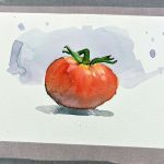 it's a watercolor painting of a tomato. there is an imperfect blue background, but the oangey-red tomato has shadows and highlights. there is shading!