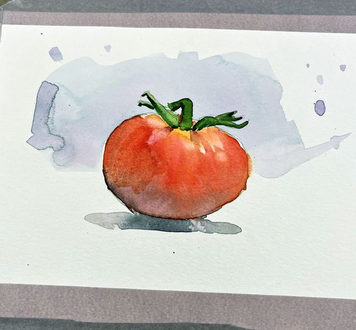 it's a watercolor painting of a tomato. there is an imperfect blue background, but the oangey-red tomato has shadows and highlights. there is shading!