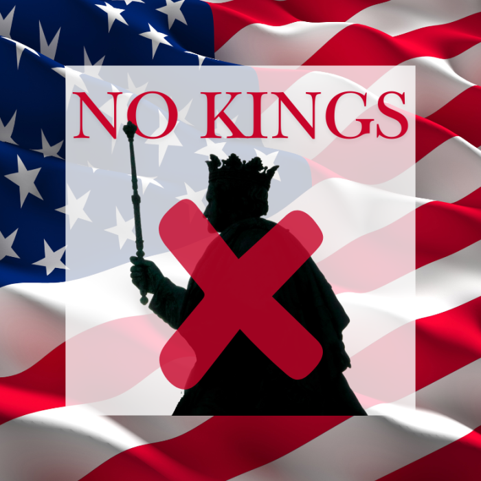 an image with the US flag in the background. A black silhouette of a king has a red X over it. The red text above him reads NO KINGS