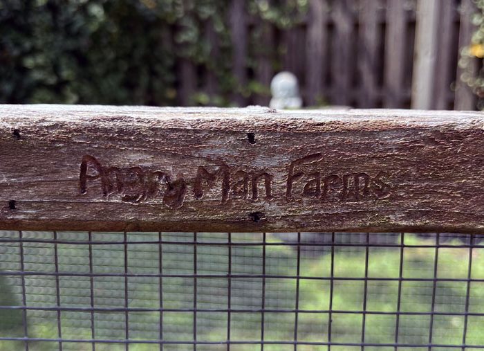 the words "angry Man Farms" roughly etched into very weathered wood, this is on the first garden bed WM built
