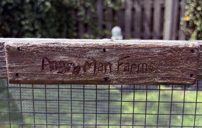 the words "angry Man Farms" roughly etched into very weathered wood, this is on the first garden bed WM built