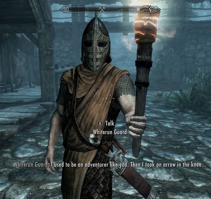 a screenshot of Skyrim. a guard's dialogue is " I used to be an adventurer like you until I took an arrow to the knee."