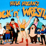title card for hulk hogan's rock n wrestling cartoon from the early 80s featuring animated versions of the popular wrestlers at the time