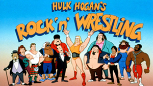 title card for hulk hogan's rock n wrestling cartoon from the early 80s featuring animated versions of the popular wrestlers at the time