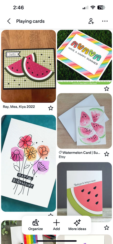 a screenshot of my pinterest card inspiration board, featuring many watermelon themed cards