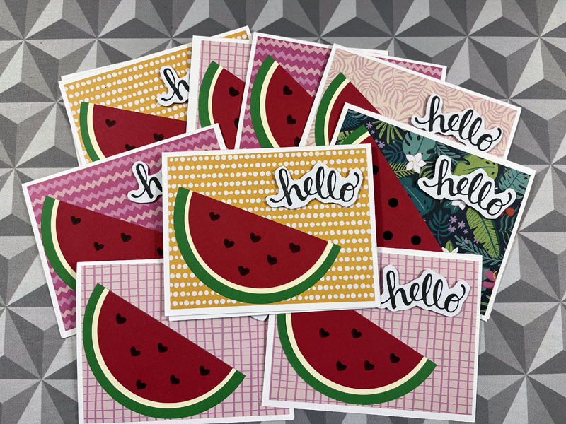 completed cards - patterned paper, watermelon, and a raised "hello" sentiment
