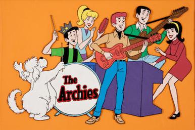 The Archies, animated version. Archie and Reggie are on guitar, Veronica is playing the keyboard, Jughead on drums, Betty is killing it on the tambourine and Hot Dog (the dog) is conducting.