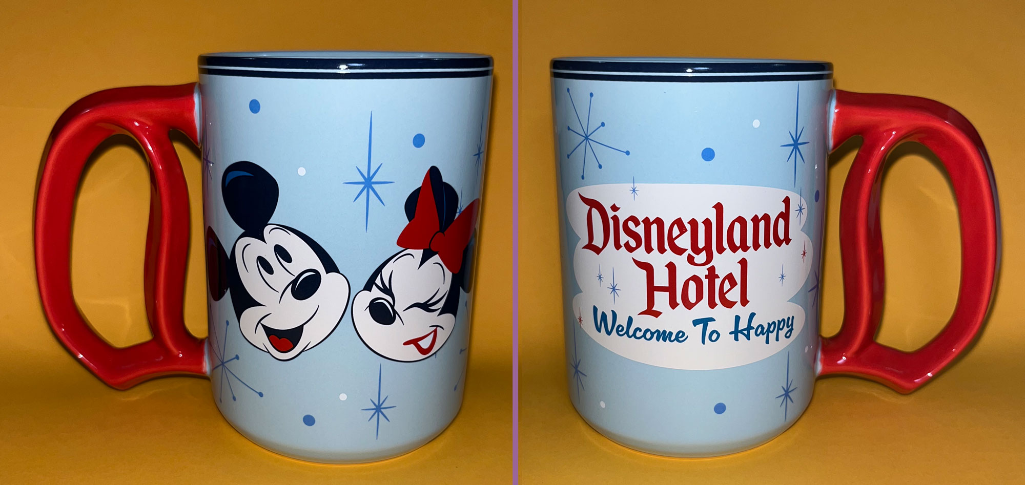 a side by side image of both sides of a Disneyland hotel mug. On the right side the light blue mug says Disneyland Hotel Welcome to Happy; the other side has retro Mickey and Minnie heads. The handle is shaped as the D from Disneyland