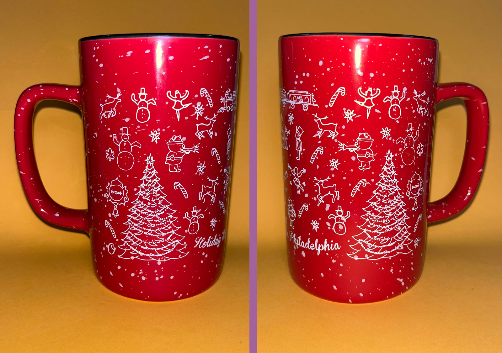 Two sides of a red mug with while illustration of the holiday light show in Philadelphia