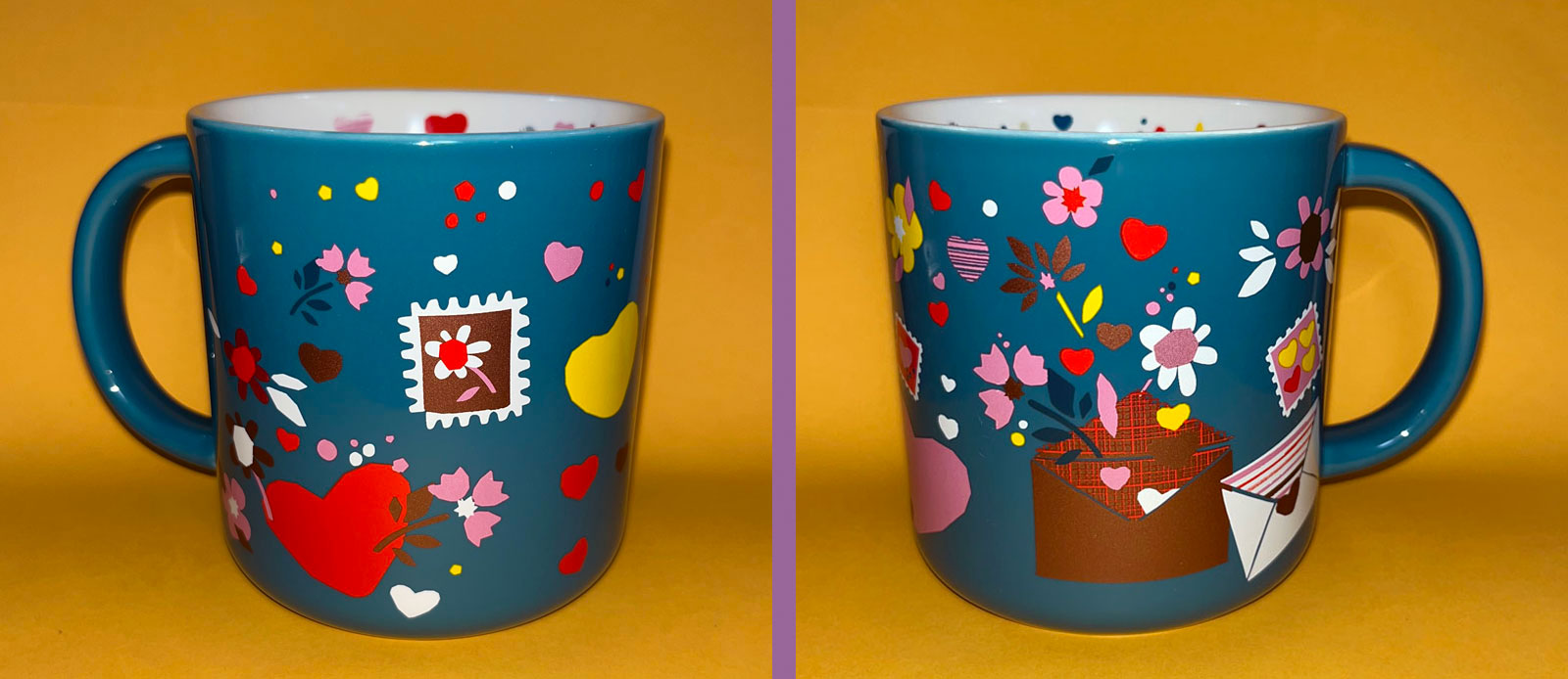 a teal blue mug with flowers, hearts, and postage stamps in shades of pink and yellow