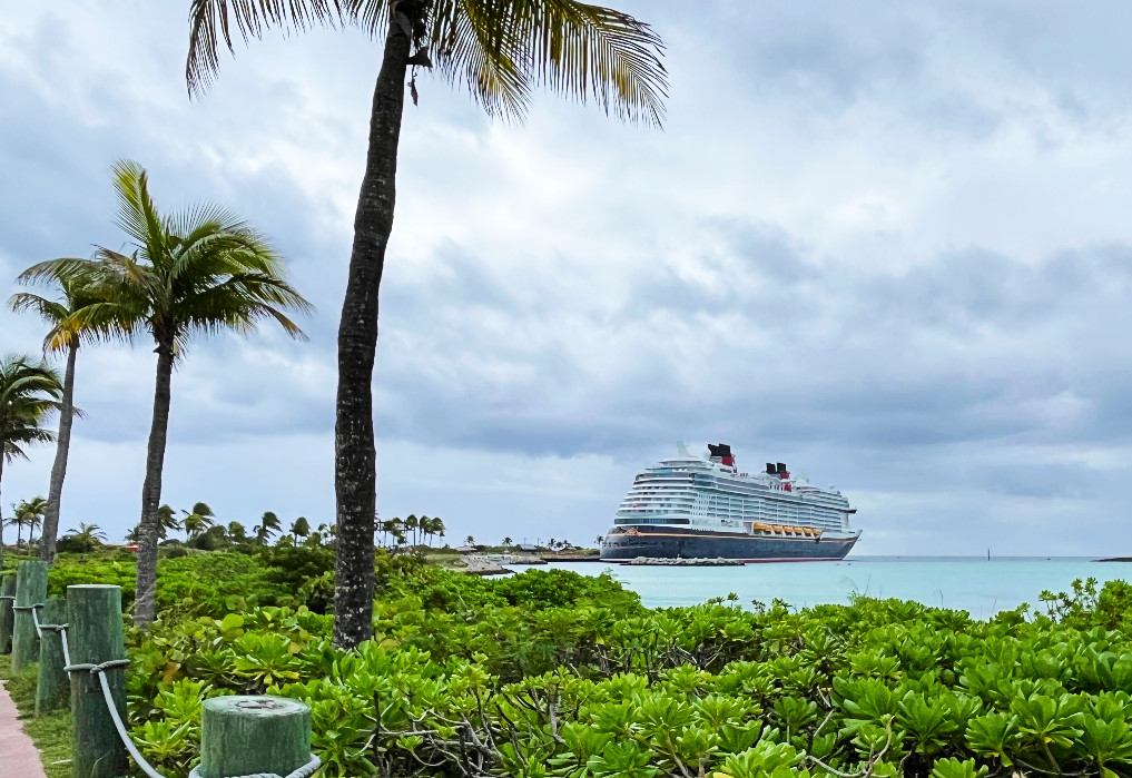 the disney treasure docked in the distance, greenery at the bottom, palm trees at the left, cloudy skies