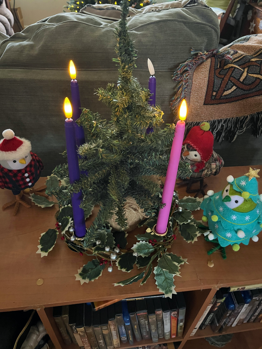 an advent wreath with two purple and one pink candle lit, and three small bird figurines