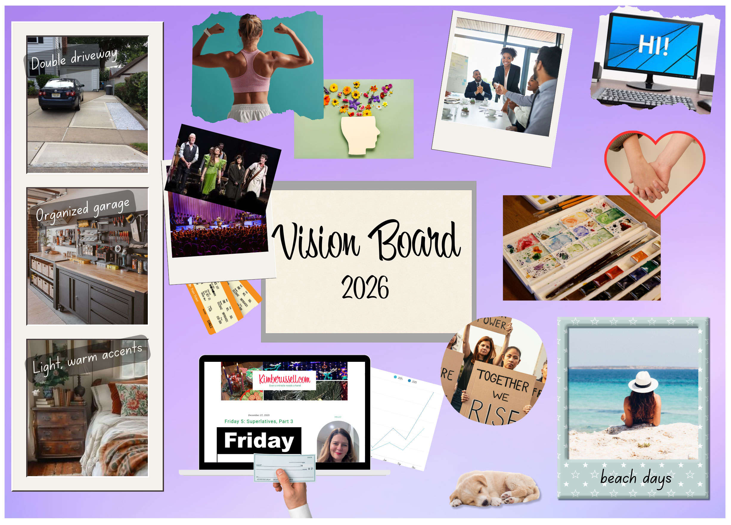 a vision board image with various photos illustrating health, creativity and success
