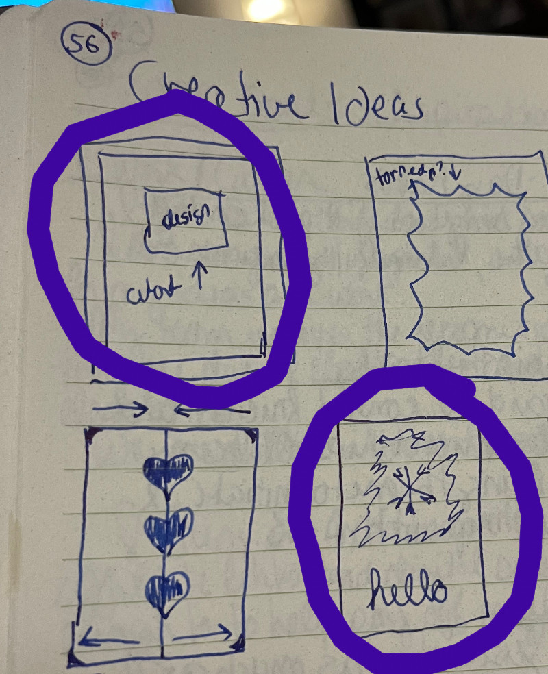 scribbles in  my notebook with the heading "creative ideas" and two card sketches circled :, one with a square cutout and the other one with a large snowflake