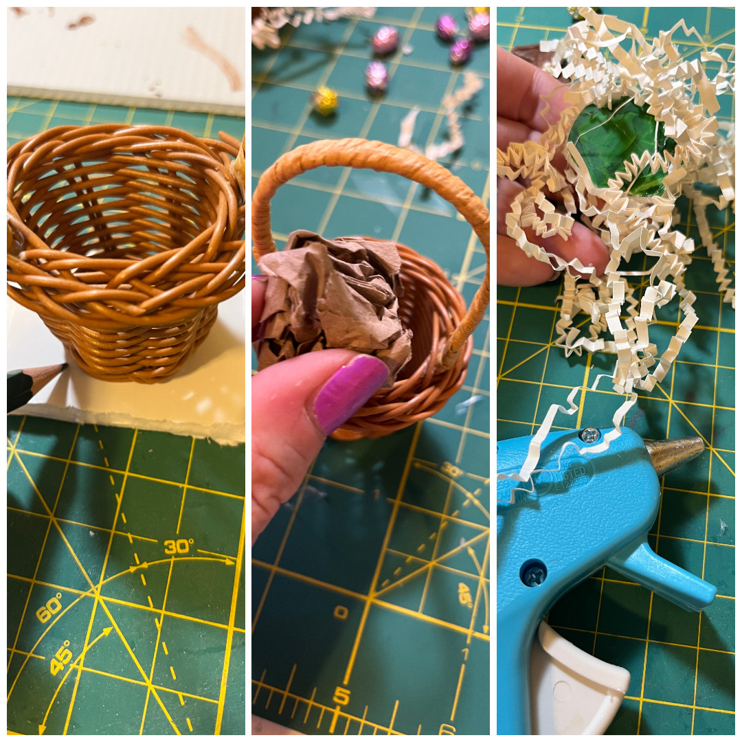 a collage. Left pic is me tracing around the bottom of the basket on foamcore, the second one is me pushing wadded paper into the basket, third is me hot gluing shredded paper to the edges of the foam insert