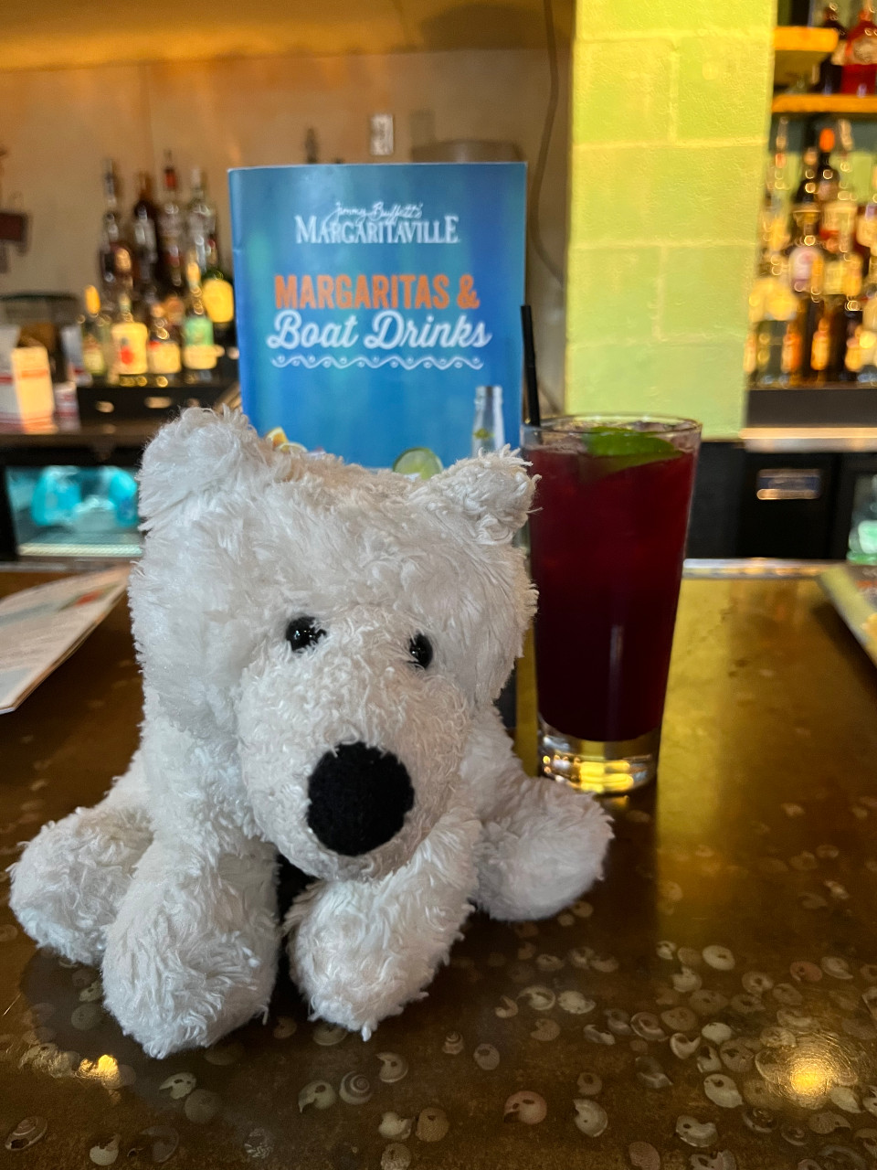 kim's stuffed Ollie bear on a bar at Margaritaville in Nashville, next to a "One Particular Harbor" drink and in front of the Boat Drinks menu