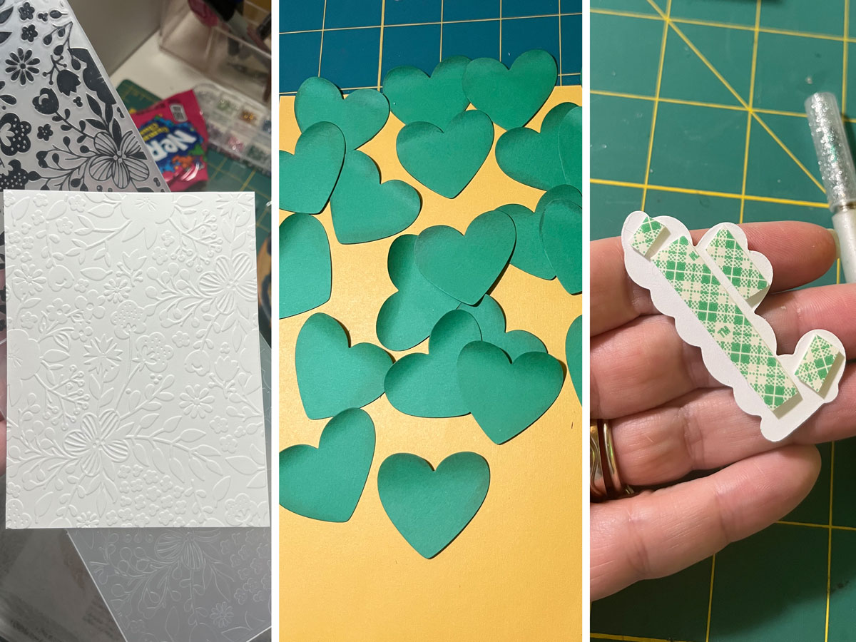 three photos in one: left is an embossed white card panel; center is of green shamrock leaves with just a bit of curl, right is foam tape on the back of a greeting
