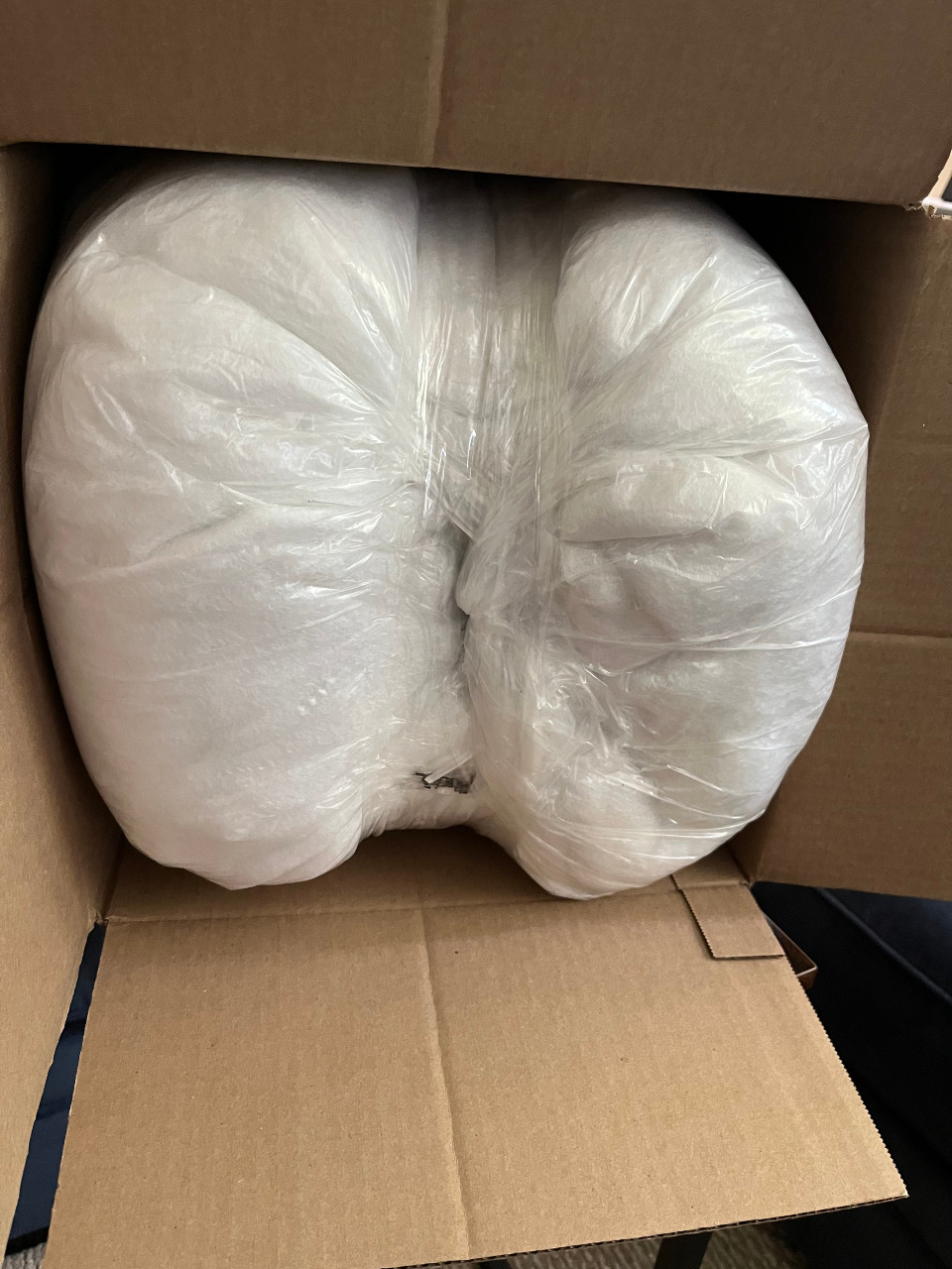 a plastic bag of Poly-fil, tightly taped down the middle with clear packing tape. It resembles a butt.
