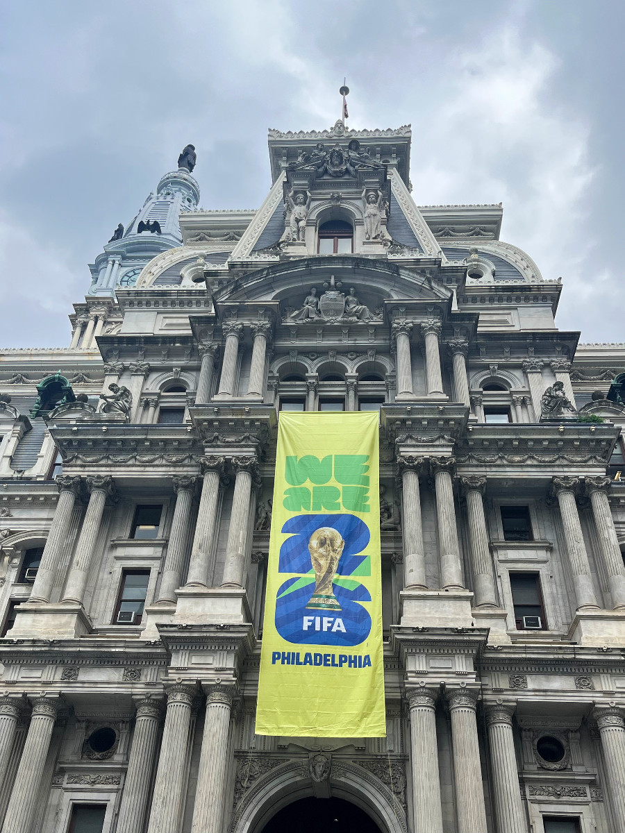 philadelphia city hall with a FIFA 26 banner