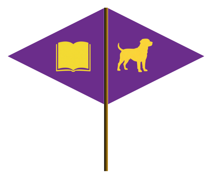 wo purple (favorite colors) triangles back to back, being bisected by the flagpole. One side will have a yellow book, the other a yellow dog