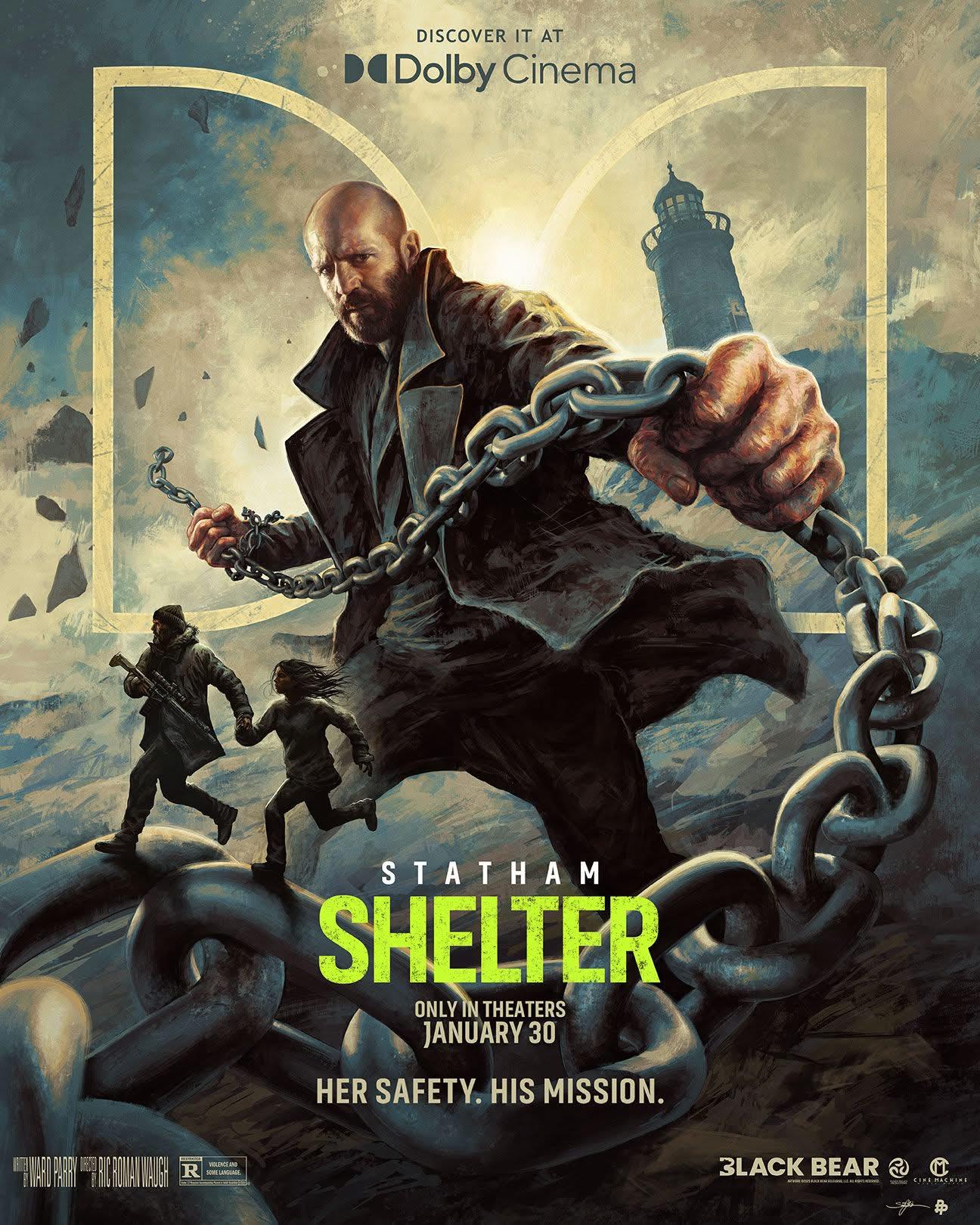 movie poster for shelter. Statham is holding an overly large chain