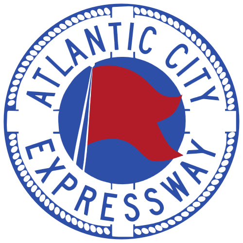 the official sign for the atlantic city expressway . it's a life preserver trimmed in blue with a red flag in the middle and "atlantic city expressway" in text