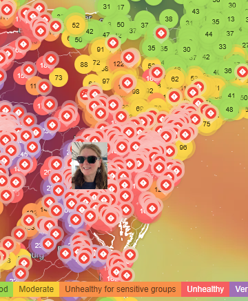 a map of air quailty. New Jersey is mostly red, and a photo of Kim's face is on top of where we live